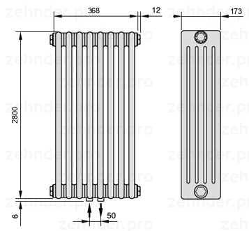 Схема (чертеж) Радиатор Zehnder Charleston 5280/8 №3470 Белый глянцевый RAL 9016